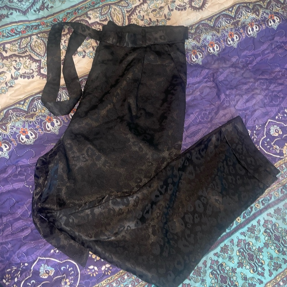 Black leopard print drawstring pants